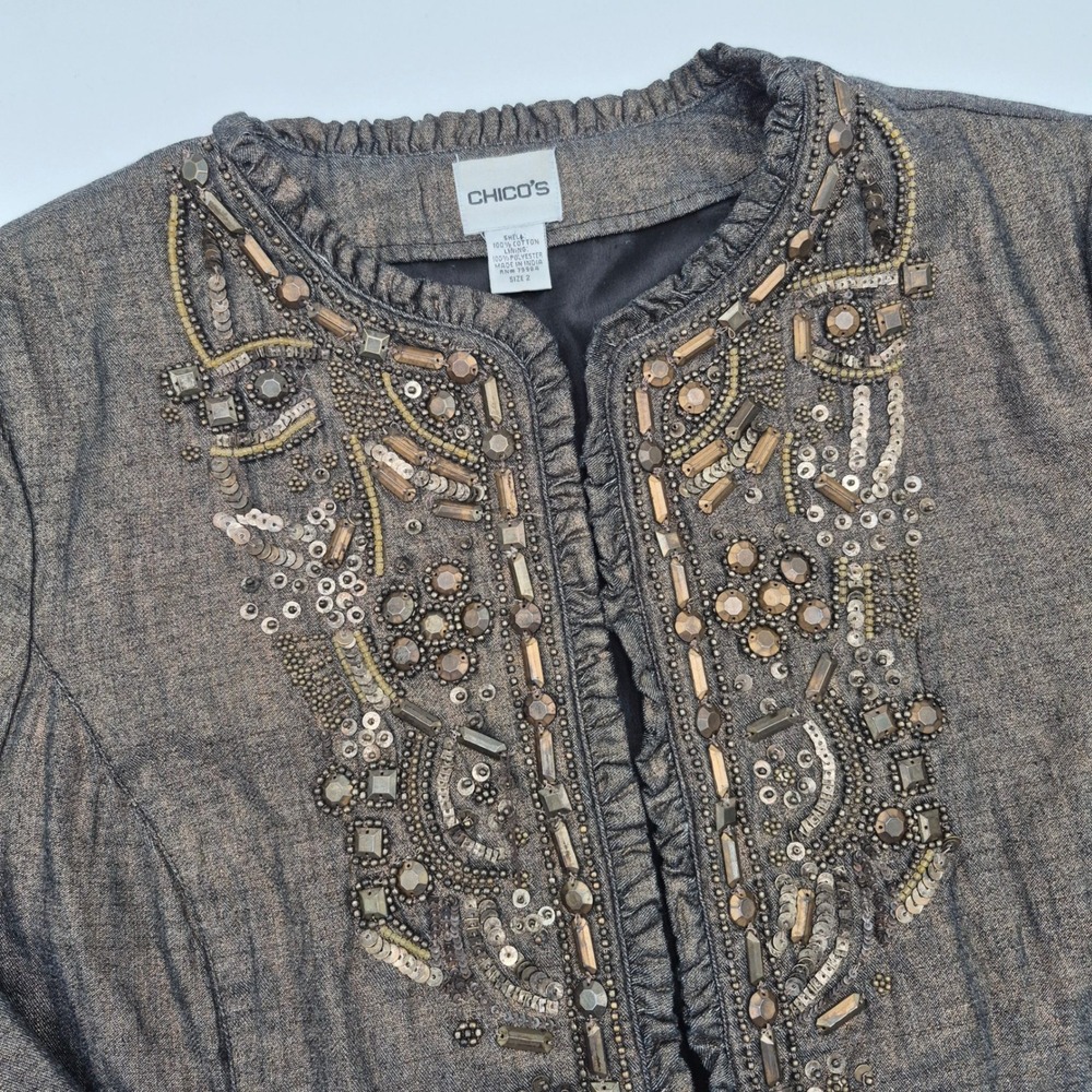 Chicos Metallic Bronze Beaded Denim Jacket Ruffle Trim Size 2
